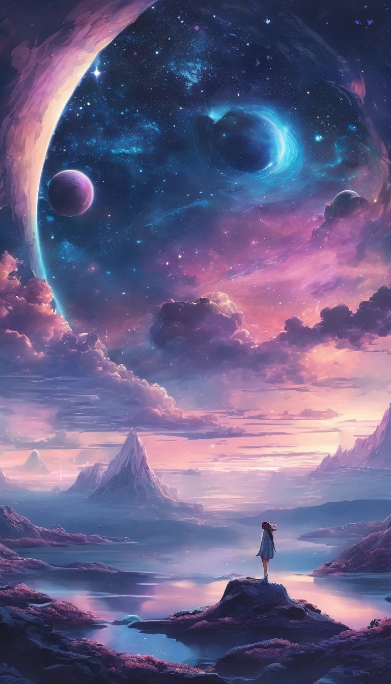 a woman dreaming in a beautiful galaxy,soft and surreal colors,(best quality,4k,high-res:1.2),ultra-detailed,impressionistic style,star-filled night sky,dreamy atmosphere,gentle moonlight,cosmic patterns,peaceful ambiance,subtle transitions,sublime beauty,dreamlike surroundings,quiet serenity,sleeping peacefully in her cozy bed,tranquil and otherworldly scenery,sublime celestial backdrop,serene and ethereal,subconscious journey,cosmic inspiration,vibrant and captivating colors,dreamlike abstraction,magical and mesmerizing vision,deep sense of wonder and awe,lucid dreams,galactic dreamscape,relaxing and introspective experience,luminous stars shining brightly,blissful state of mind,soothing and calming environment,whispers of the universe,mysterious and enchanting,just drifting away.