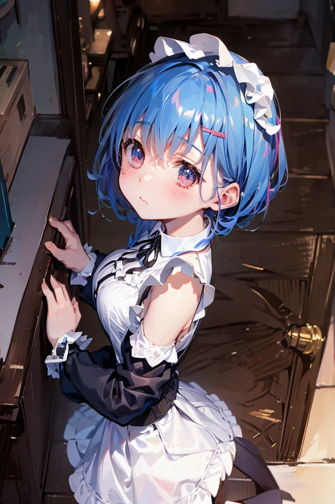 M-shaped legs、Maid clothes、、Lift up your skirt、M-shaped legs、、Showing panties、Blushing、I can see her panties、Pull up your skirt、Blushing、Blue Hair