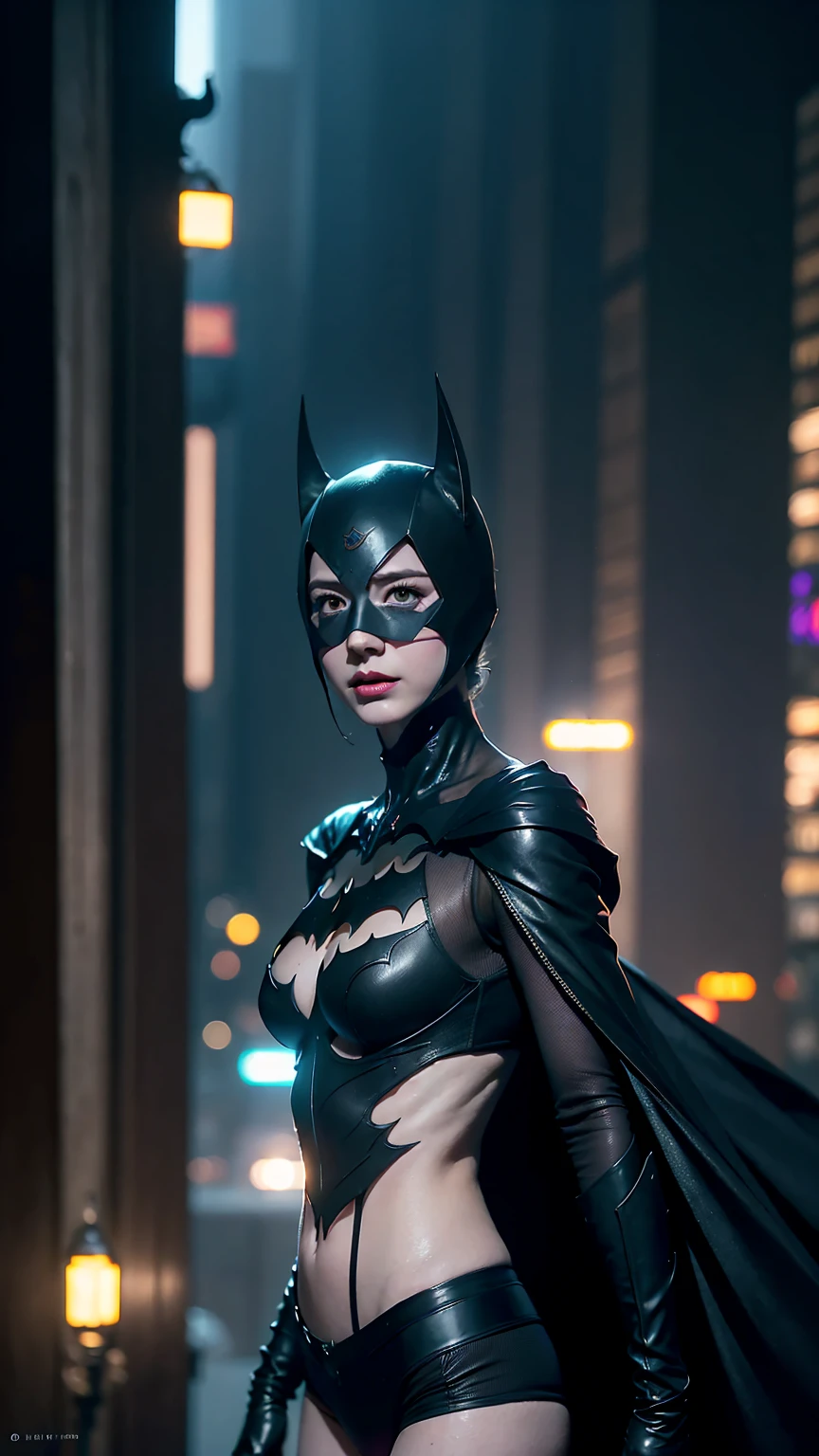 ((masterpiece, Highest quality, High resolution, Realistic, to be born, 8k wallpaper)),Standing in a bikini,maika monroe batgirl, (Standing in Honor　shot）,Facing the camera in a menacing pose, Very hot and sexy, Great beauty, Perfect balance, Beautiful body, Slim body beauty: 1.4), Batman standing on a rooftop overlooking the city skyline at night, Gotham city background, nighttime in Gotham city, Gotham city, From the movie Batman, Gotham city double exposure, Gotham city style, Batman film still, metropolis filmic Gotham city, Cyberpunk Batman, Batman movie stills, Batman movie still cinematic, Gotham setting, Batman, Gotham,
