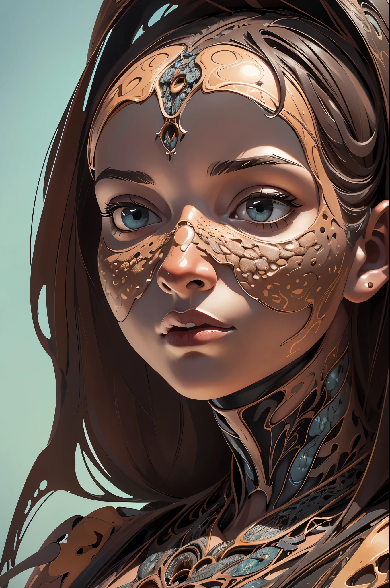 a close up of a girl with a metal structure body, a hyperrealistic painting inspired by Peter Gric, zbrush central contest winner, hyperrealism, highly detailed surrealist art, hyperrealistic illustration, hyperrealistic surrealism, very intricate photorealistic, extremely hyperdetailed, hyper detailed art, insanely highly detailed artwork, hyperrealist highly intricate, thomas veyrat intricate