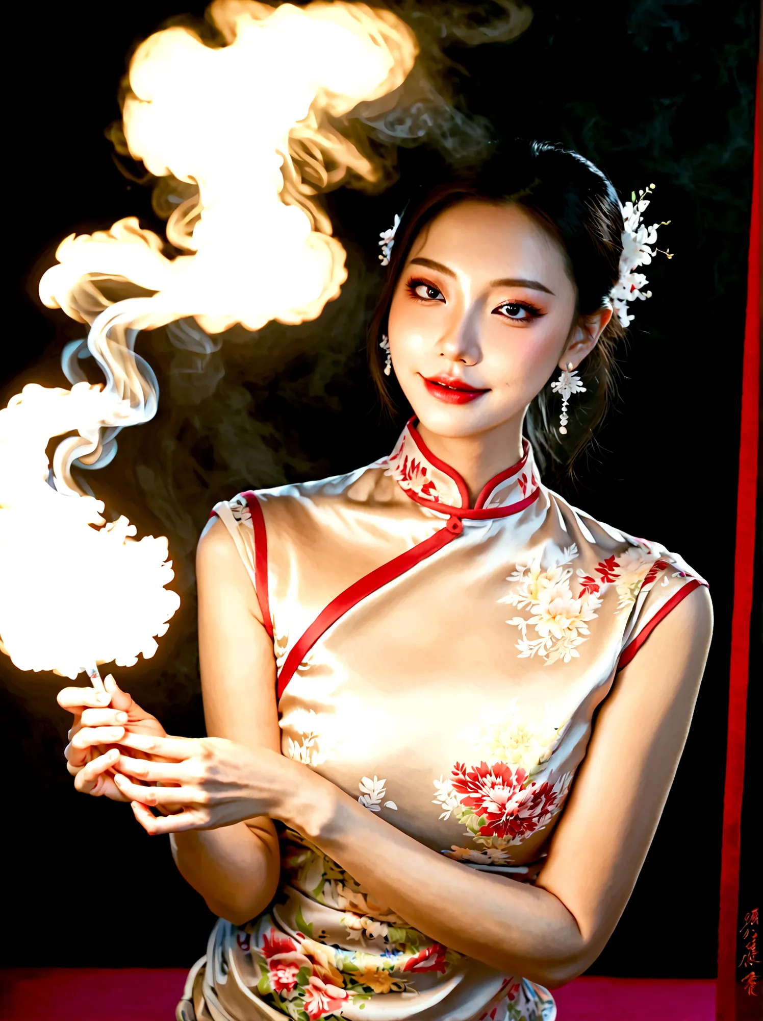 (bare shoulders:0.6),full body,Cheongsam,(Glowing ambiance, enchanting radiance, luminous lighting, ethereal atmosphere, mesmeri...