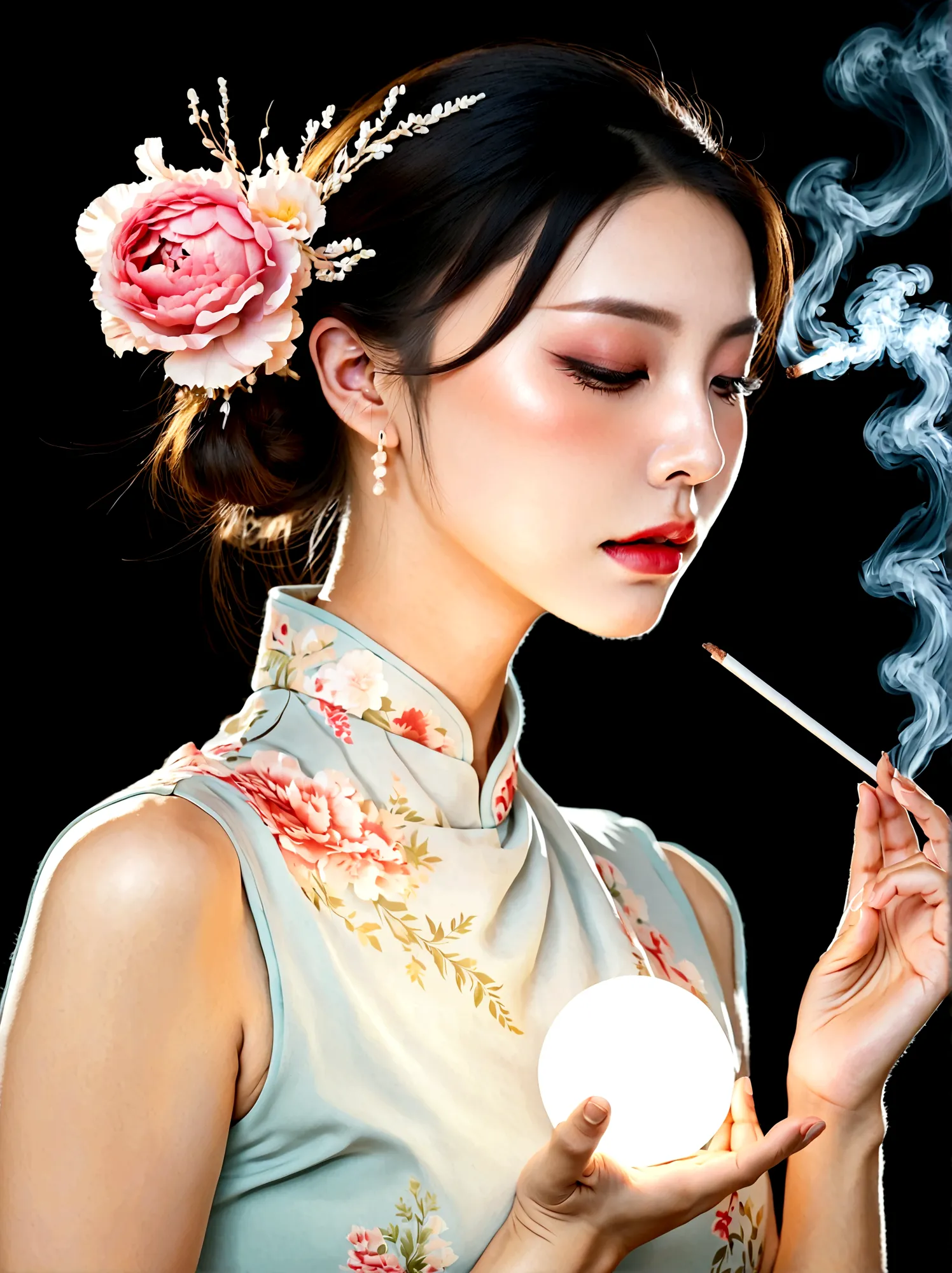 (bare shoulders:0.6),full body,Cheongsam,(Glowing ambiance, enchanting radiance, luminous lighting, ethereal atmosphere, mesmeri...