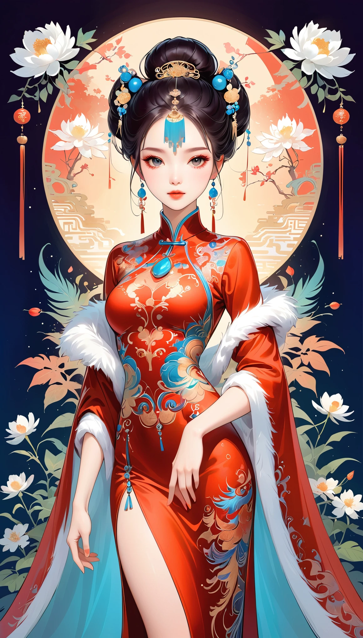 Chinese cheongsam sexy,illustration,High-end fashion,Beautiful and delicate eyes,Beautiful and delicate lips,Long eyelashes,Exquisite makeup,Vibrant colors,posture,Attractive background,Stylized Lighting,editing style,Chinese cultural elements,Exquisite embroidery,Detailed pattern,Modern transformation,Feminine charm,complicated,Futuristic,Chic hairstyle,Beautiful accessories,Tempting,Wearing stylish high heels,Luxurious fabrics,Beautiful movements,Confident expression,Ethereal atmosphere,Colorful composition,Impeccable attention to detail,Modern elegance,Expressive eyes,Dramatic Lighting,Seamless Integration,Artistic talent,Rich texture,Perfect fashion sense,Colored lights,Sentimental atmosphere,A bold fashion statement,Stylish composition