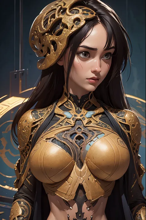 a close up of a girl with a metal structure body, gigantic breasts, a hyperrealistic painting inspired by peter gric, zbrush cen...