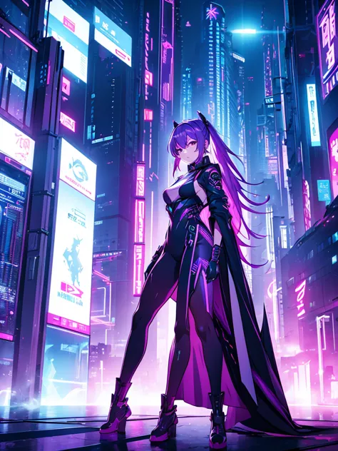 keqing, 1women, wearing a futuristic outfit, cyberpunk outfit, at a future city, cyberpunk look, purple colour hair, 8k, high de...