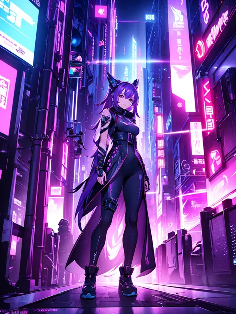 keqing, 1women, wearing a futuristic outfit, cyberpunk outfit, at a future city, cyberpunk look, purple colour hair, 8k, high de...