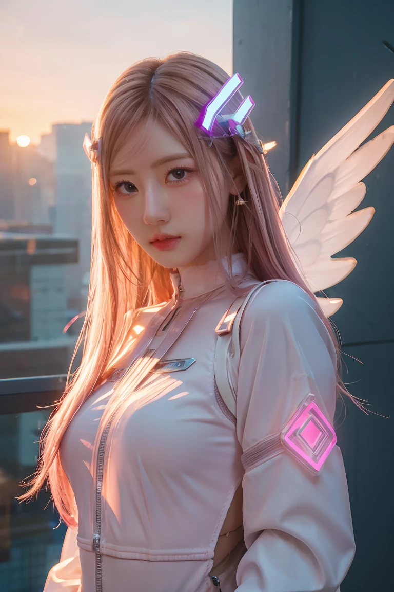 ((masterpiece, best quality, extremely detailed), volumetric lighting, ambient occlusion, colorful, glowing), 
1girl, solo, young girl, (pink hair), long hair, halo, aura, sacred, godness, cyber suit, (white outfit:1.3), android, bot, angel wings,
outdoors, sunset, sky, clouds, space, (cyberpunk theme:1.2),