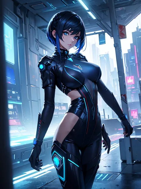 yelan, 1women, wearing a futuristic outfit, cyberpunk outfit, at a future city, cyberpunk look, black colour hair with blue end,...