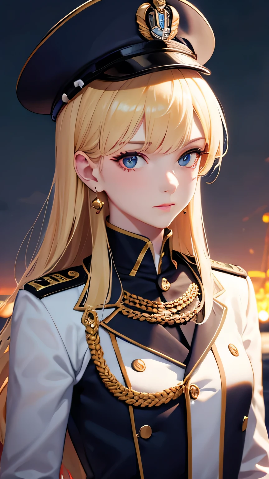 Royal Navy, Horatio Nelson, Admiral, on board, warship, clear skies, aboard a warship at sea, commander, naval uniform, blonde hair, hair bun, beautiful lady, raised eyebrows, upturned eyes, earrings, cinematic lighting, pov, ((masterpiece)), (super detail), perfect face, high detailed eyes, textured skin, high quality, highres, Viscount, Medal, British Navy Cap