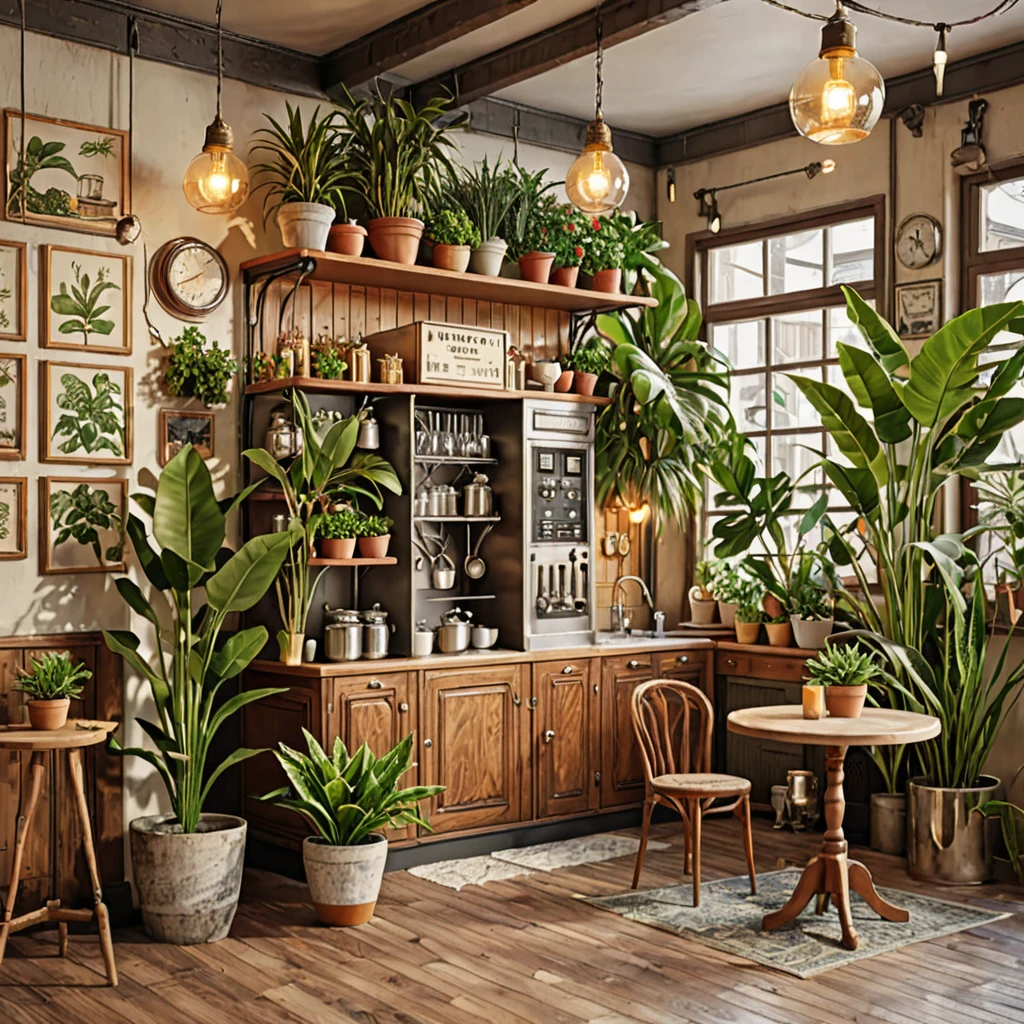 photography,(masterpiece, top quality, best quality),(ultra-detailed, absolutely resolution),((16k, high res)). (retro café and house plants, interior))