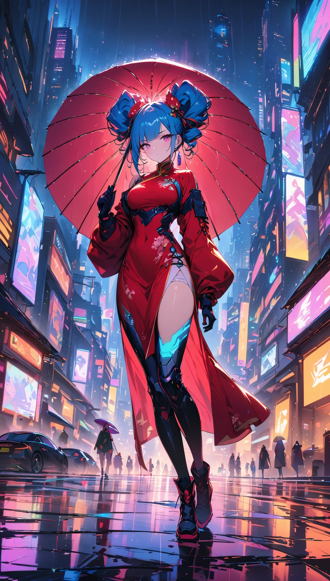 (best quality), (very good), (masterpiece), illustration, A girl,, (Holding an umbrella)，（Cyberpunk，Cheongsam, a traditional Chinese costume，Cybernetic implants），Hair accessories, Vibrant colors，Dynamic Lighting，Neon，Glowing city skyline，Holographic projection，Fashionable clothes and shoes of the future，Combination of traditional and modern elements，Avant-garde makeup，twin drills，Confidence and determination，city environment，Heavy rain，Metallic，Mechanical Armor, Gorgeous accessories，high-tech products，Impressive cybernetic enhancements，Be focused，detail, Overclocking, Rim Light, Fine light, masterpiece, 超级detail, Epic Works, Ultra HD, high quality, 32k