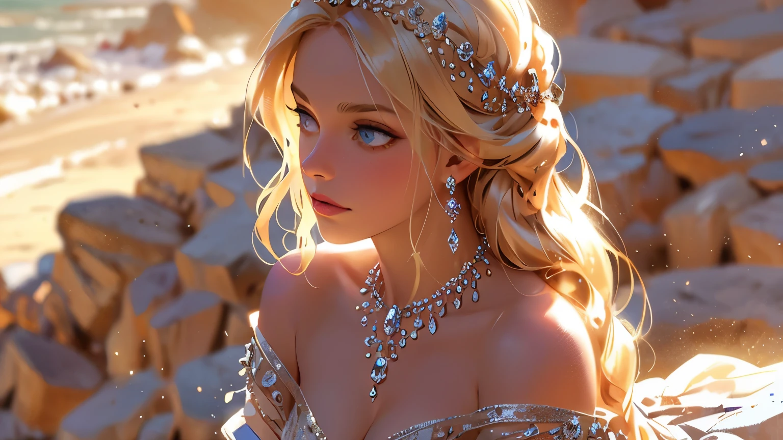 一位迷人的金髮公主，戴著閃閃發光的珠寶, 以電影風格捕捉，讓人想起朱莉婭·拉祖莫娃（Julia Razumova）空靈的畫作.