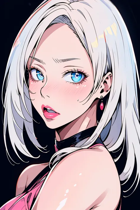 masterpiece, best quality, ultra-high-detailed, white hair, light blue eyes, looking to viewer,  black background, upper shoulde...