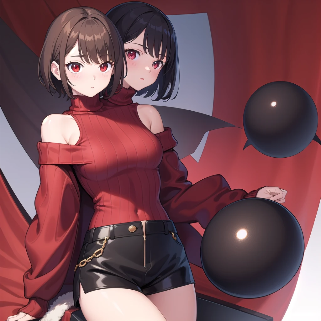 (masterpiece, best quality), charaSF, 1girl, solo, short hair, brown hair, red eyes, collar, black jacket, off shoulder, fur trim, red sweater, ribbed sweater, turtleneck, shoulder cutout, long sleeves, black shorts, blush, portrait