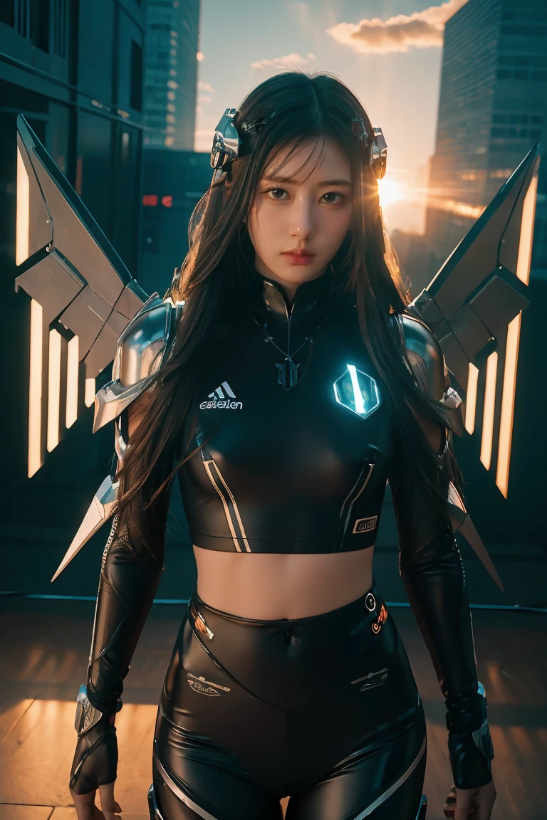 ((masterpiece, best quality, extremely detailed), volumetric lighting, ambient occlusion, colorful, glowing), 
1girl, solo, young girl, (dark hair), long hair, halo, aura, sacred, godness, cyber suit, (black outfit:1.3), android, bot, cybernetic wings,
outdoors, sunset, sky, clouds, space, (cyberpunk theme:1.2),