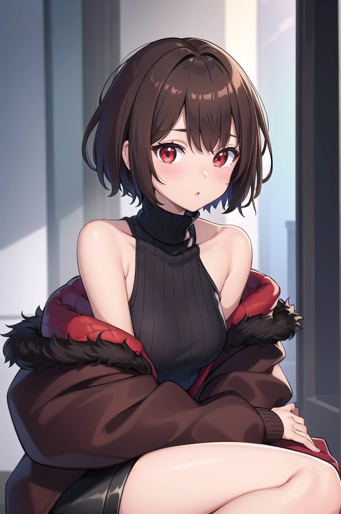 (masterpiece, best quality), charaSF, 1girl, solo, short hair, brown hair, red eyes, collar, black jacket, off shoulder, fur trim, red sweater, ribbed sweater, turtleneck, shoulder cutout, long sleeves, black shorts, blush, portrait