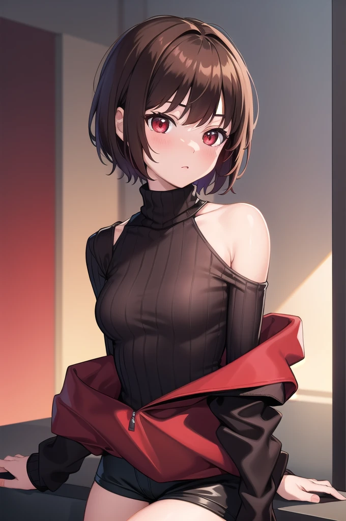 (masterpiece, best quality), charaSF, 1girl, solo, short hair, brown hair, red eyes, collar, black jacket, off shoulder, fur trim, red sweater, ribbed sweater, turtleneck, shoulder cutout, long sleeves, black shorts, blush, portrait