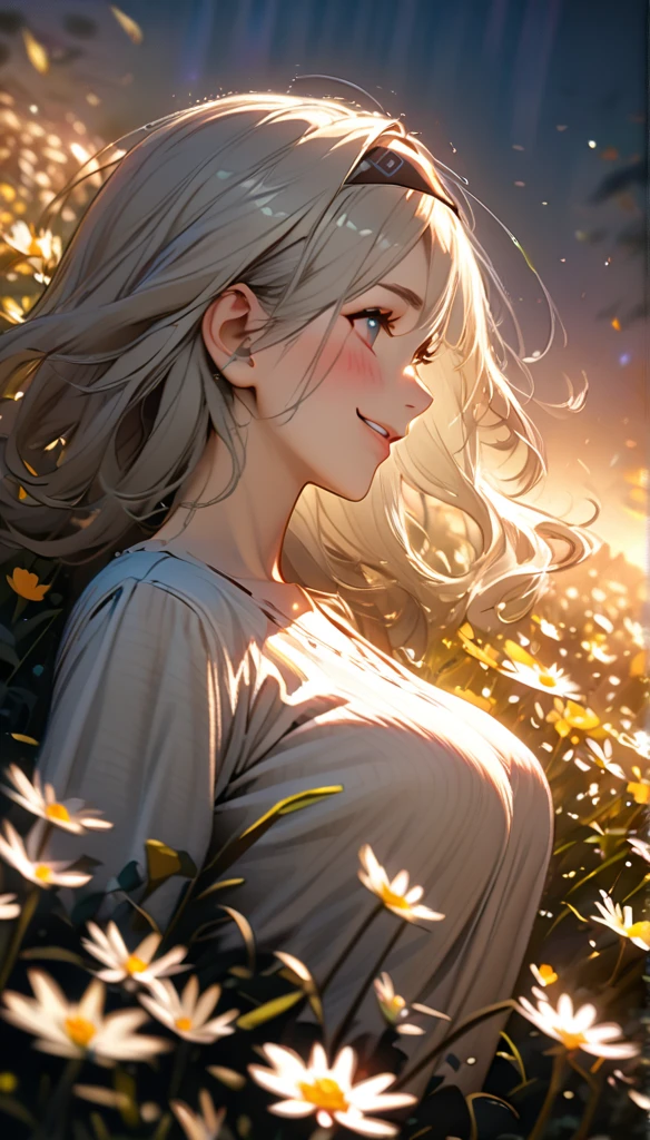 beautiful girl, long grey hair, beautiful face,smiling,close up to hips, beautiful breast, in the middle of flowers field, (open mouth:0.4),illustration,detailed textures(realists),ultra-detailed,portrait style,vivid colors,soft lighting, blushing, mature, hair fluttering, evening light , head band, side profile, no bra, half body