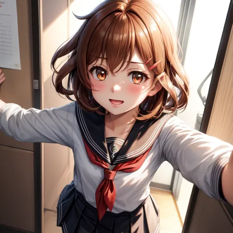 short_hair,lovelive!,(masterpiece, best quality:1.2),illustration,8k,hd,1girl,solo,upper body,(portrait:1.2),brown_hair,hairclip...