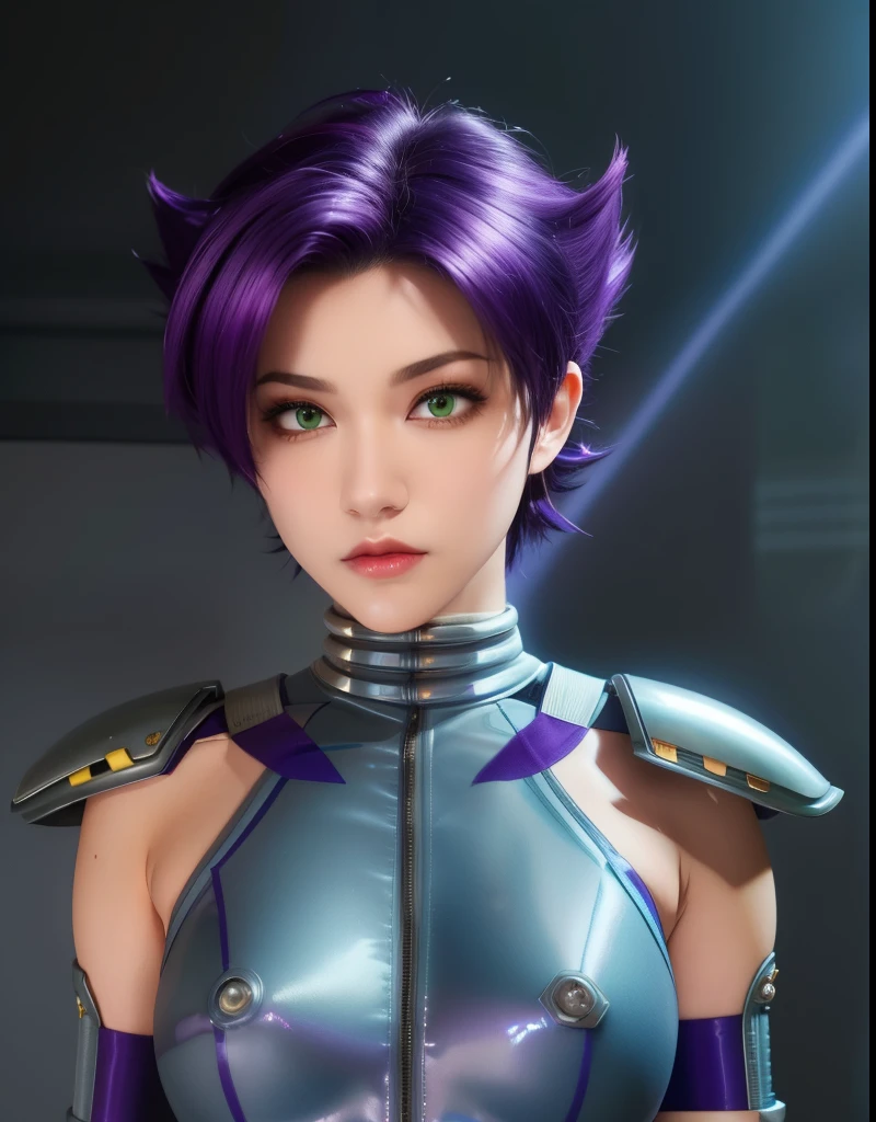 Konoko,sharp hairstyle,purple hair,green eyes,short hair, standing,TCTF,armor,toned, bodysuit,grey shoulder pads,fingerless gloves, station,midnight,science fiction, (insanely detailed, beautiful detailed face, masterpiece, best quality), sexy, lewd, hentai