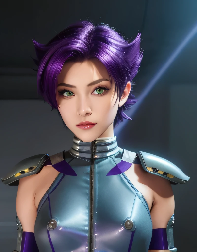 Konoko,sharp hairstyle,purple hair,green eyes,short hair, standing,TCTF,armor,toned, bodysuit,grey shoulder pads,fingerless gloves, station,midnight,science fiction, (insanely detailed, beautiful detailed face, masterpiece, best quality), sexy, lewd, hentai