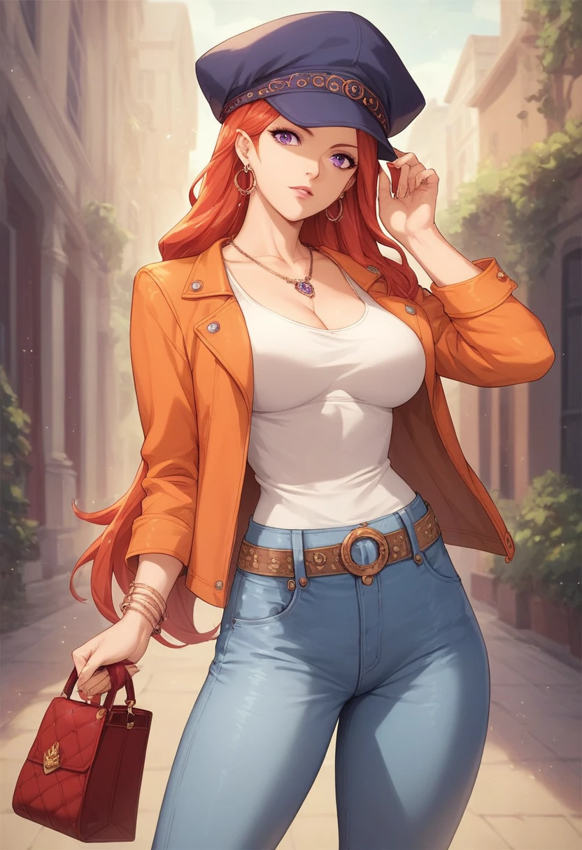 Masterpiece, best quality,solo , nishikino maki, red hair, purple eyes,hourglass body,busty,shirt, hat, jewelry, jacket, white_shirt, earrings, belt, pants, hand_up, necklace, bag, denim, jeans, handbag, orange_jacket, castlevania style 