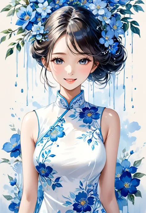 ( Perfect anatomical structure )   The beautiful girl wearing a long white silk cheongsam and blue embroidered flowers has a bea...
