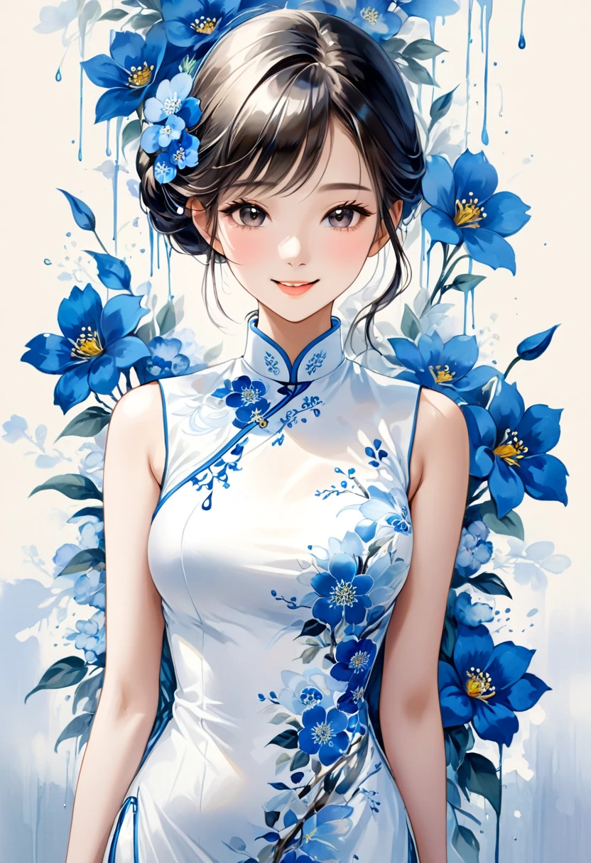 ( Perfect anatomical structure )   The beautiful girl wearing a long white silk cheongsam and blue embroidered flowers has a beautiful face and a gentle smile. The artistic conception of the digital art illustration is a simple and abstract light basket ink dripping. The proportions of the figure are delicate and realistic. Art oil painting digital style.