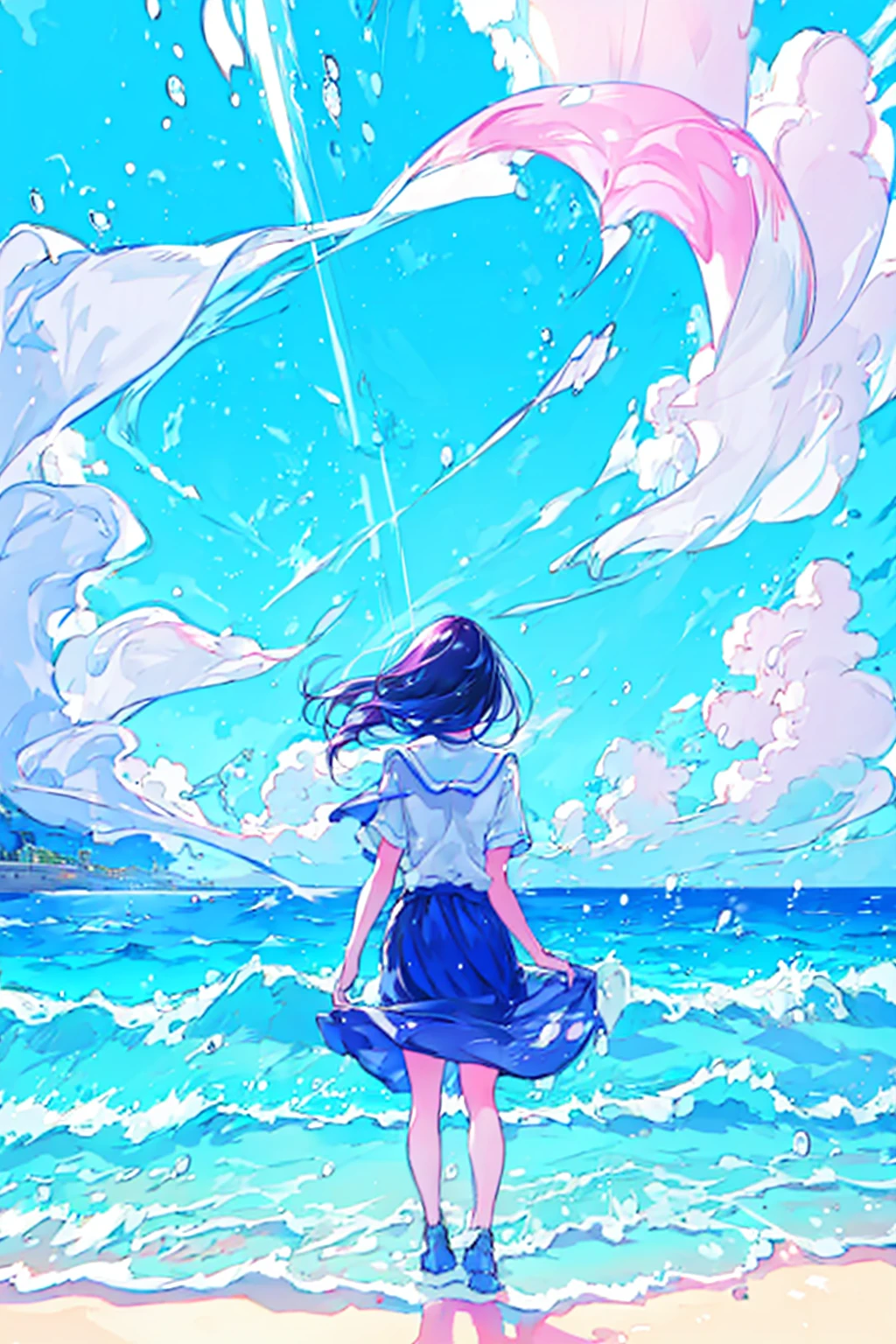 1 Mädchen,Allein,Niedlich,heller Hintergrund,Wasserspritzer,am Strand,Strahlendes Meer,Strahlender Himmel