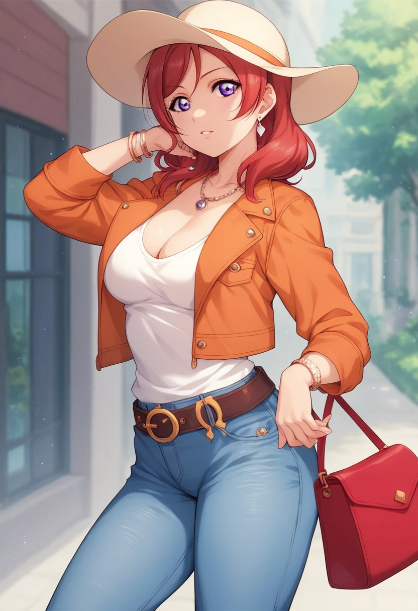 Masterpiece, best quality, love live style,solo , nishikino maki, red hair, purple eyes,hourglass body,busty,shirt, hat, jewelry, jacket, white_shirt, earrings, belt, pants, hand_up, necklace, bag, denim, jeans, handbag, orange_jacket, castlevania style , cleavage 