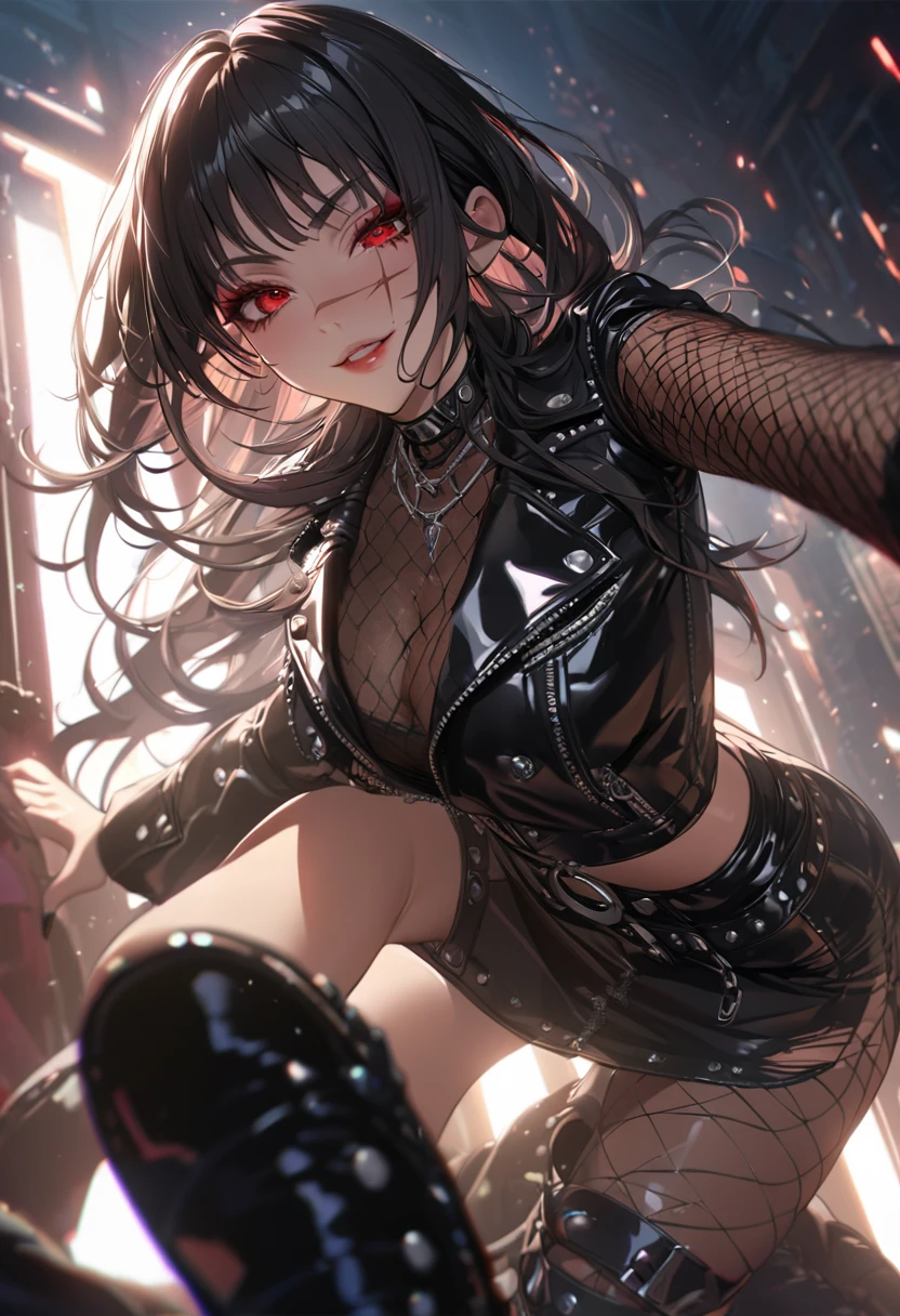 best quality, masterpiece, ultra-detailed, illustration, dynamic pose, 1girl, beautiful detailed eyes, beautiful detailed lips, extremely detailed eyes and face, long eyelashes, face scar, red eyes, black hair, looking at viewer, evil smile, heavy eyeliner, wearing a leather jacket, platform boots adorned with studded accessories, layered necklaces, bold patterns, torn fishnets, dramatic makeup, black nail polish, oversized rings, close-up shot, glossy lips, cinematic lighting, volumetric lighting, vibrant colors, ray tracing, intricate details, 8k, 4k resolution