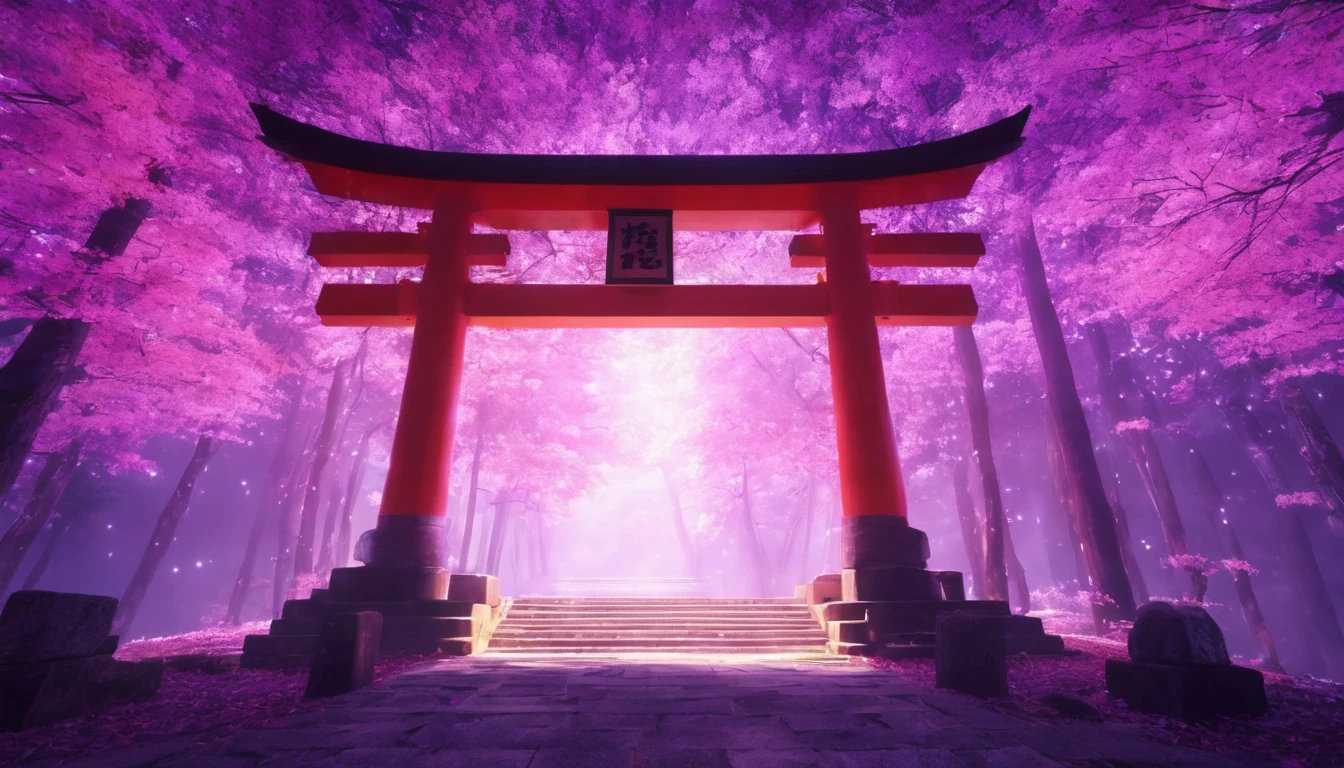 Shrine torii gate、in the center，Very bright color, Particles of light, The light shines, disaster, Wallpaper Art, UHD wallpaper、Background purple、mysterious、Impersonal、