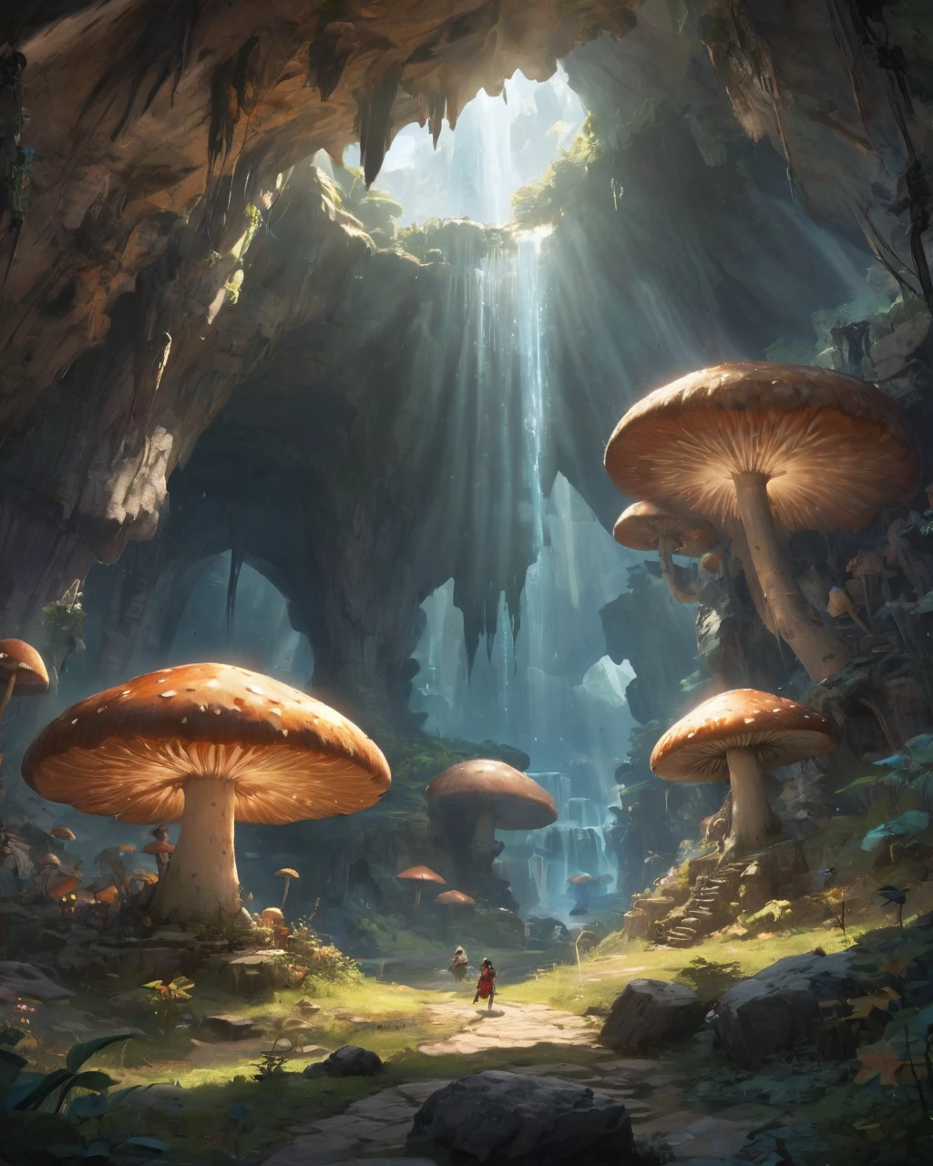 Огромная подземная пещера、гигантский гриб、мамонт、на скале、