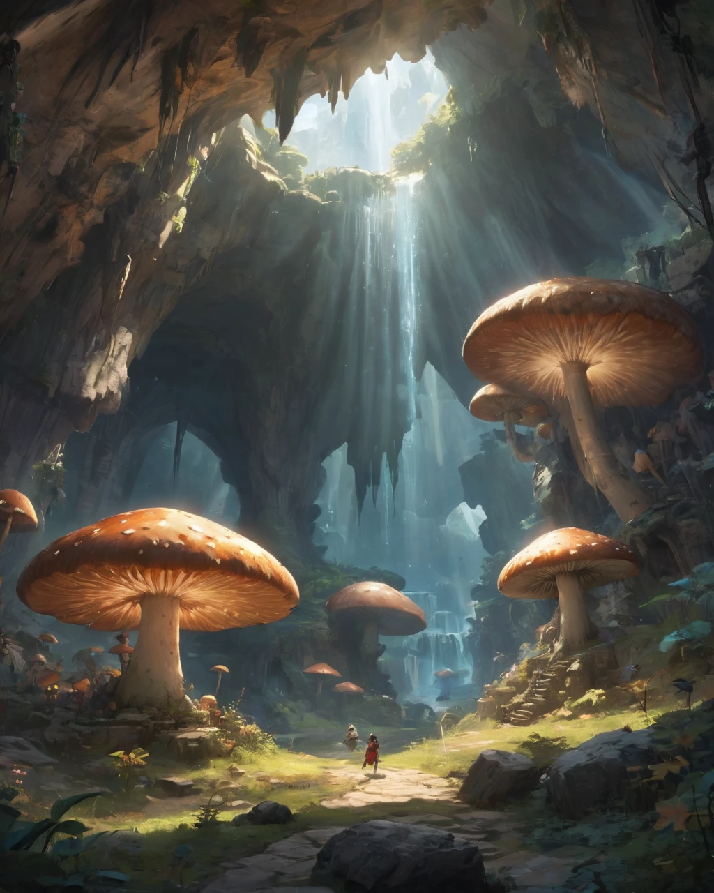 Huge underground cavern、Giant mushroom、Mammoth、On the Cliff、