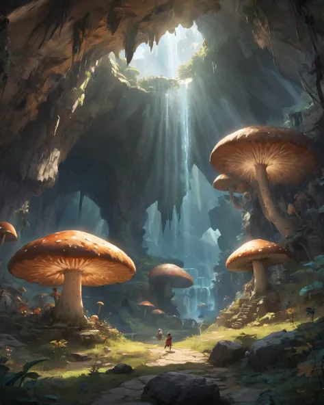 Huge underground cavern、Giant mushroom、Mammoth、On the Cliff、