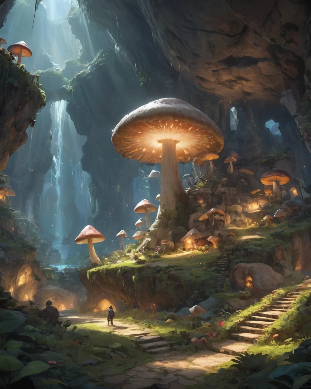 Огромная подземная пещера、гигантский гриб、мамонт、на скале、