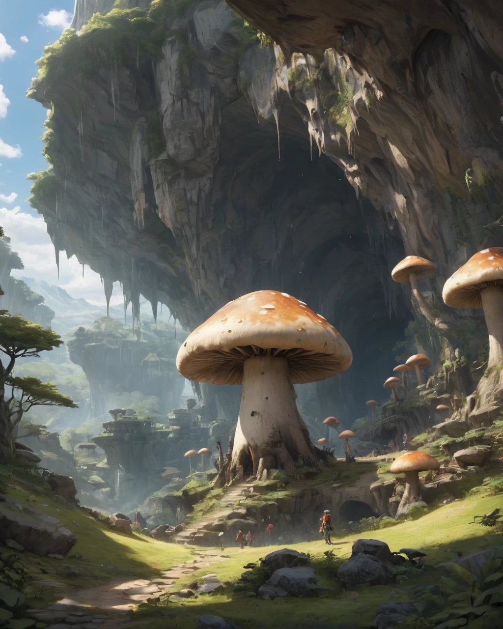 巨大的地下洞穴、巨型蘑菇、長毛象、懸崖上、