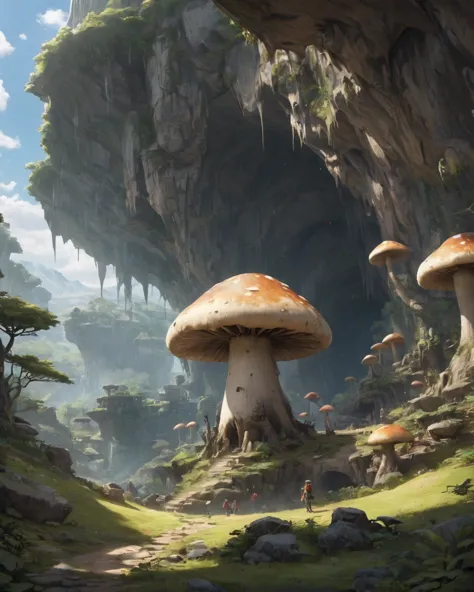 Huge underground cavern、Giant mushroom、Mammoth、On the Cliff、