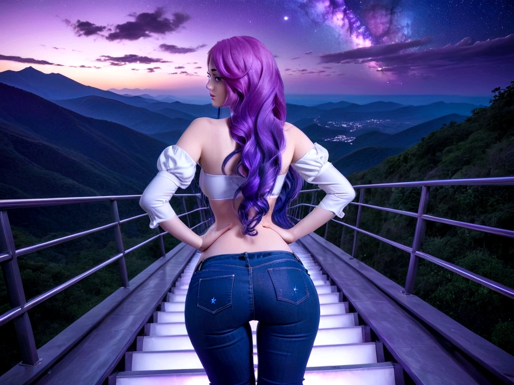 hdr, best image, 8k, image in dark neon blue and violet, A BEAUTIFUL WOMAN, seen from behind, beautiful latex blouse. jeans, LONG purple HAIR, Wide ramp of steps, of white ivory and gold, descending, TOWARDS THE INFINITY OF THE HEAVENS, stars of the cosmos, universe, clouds. giant mountain