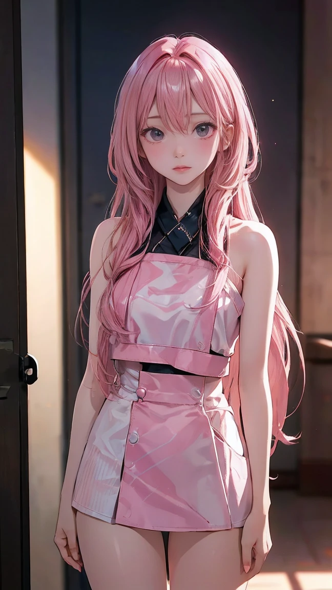 21yo girl,pink hair,long hair,single sidelock hairpin blush modern cinematic lighting,ray tracing,drop shadow wide shot UHD,textured skin,high details,best quality 4K