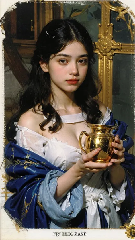 
Tarot card, 1 of Cups, young woman, beautiful face, holding the golden holy grail, white dove.