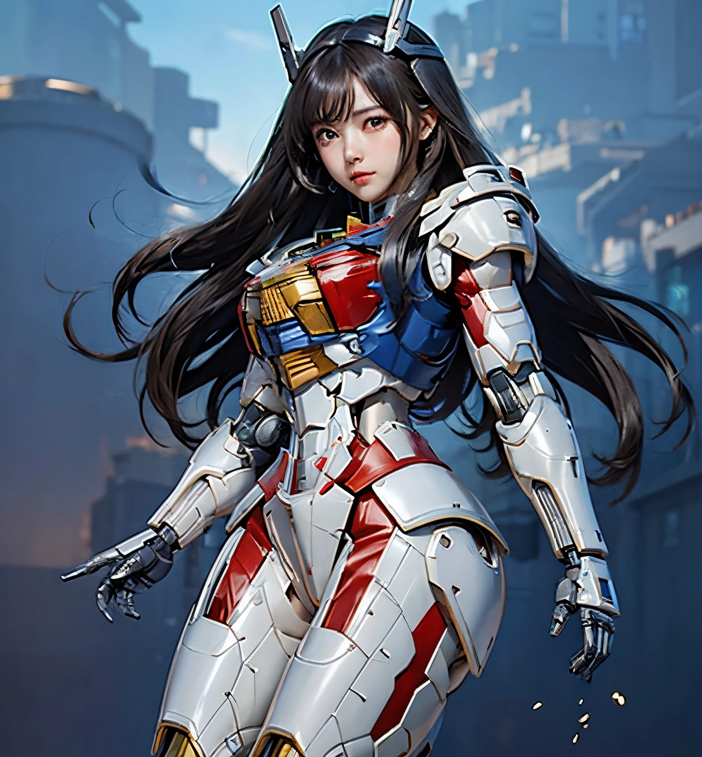 Textured skin, Super Detail, Attention to detail, high quality,high quality, High resolution, 1080p, hard disk, beautiful,(Gundam Aerial),Beautiful cyborg woman,Mecha Cyborg Girl,battle mode,Girl with a mechanical body,She wears a futuristic Gundam mecha,Full Body Shot