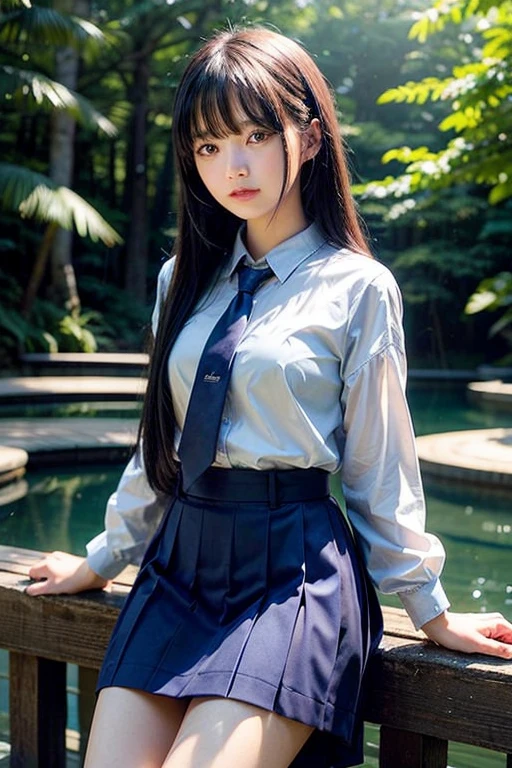 masterpiece、high resolution、High definition、Esbian all over、Summer clothes、Blue tie、Blue Skirt、Beautiful girl, high school girl、15-year-old student、Hairstyle with bangs、great outdoors、Blue Swamp in the Coniferous Forest、Beautiful girlが水の中を歩いてここに来る、Embarrassment、confusion、Ephemeral、Dark Sky、Side light、Noise Reduction、Pale, soft light、Diffuse Light、