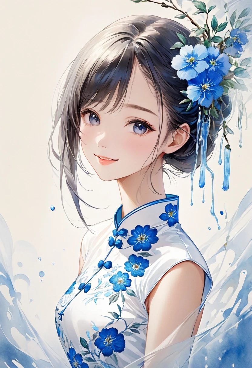 ( Perfect anatomical structure )   The beautiful girl wearing a long white silk cheongsam and blue embroidered flowers has a beautiful face and a gentle smile. The artistic conception of the digital art illustration is a simple and abstract light basket ink dripping. The proportions of the figure are delicate and realistic. Art oil painting digital style.