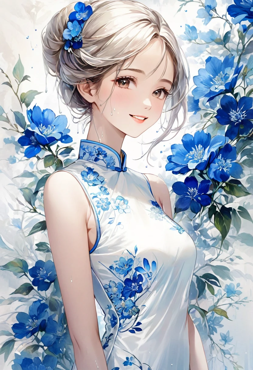 ( Perfect anatomical structure )   The beautiful girl wearing a long white silk cheongsam and blue embroidered flowers has a beautiful face and a gentle smile. The artistic conception of the digital art illustration is a simple and abstract light basket ink dripping. The proportions of the figure are delicate and realistic. Art oil painting digital style.