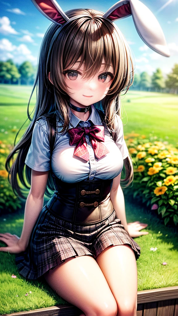 masterpiece、Highest quality, One Girl, alone, Colorful Hair、Long Hair,Purple eyes、 big, bunny, Bunny ears, corset, uniform, apron, choker, skirt、Short sleeve, White thighs、garden、Wooden fence、Sitting on the fence、turn around、return、blush、Five Fingers、Wink with one eye、smile、8K、Very detailed、Stick your butt out