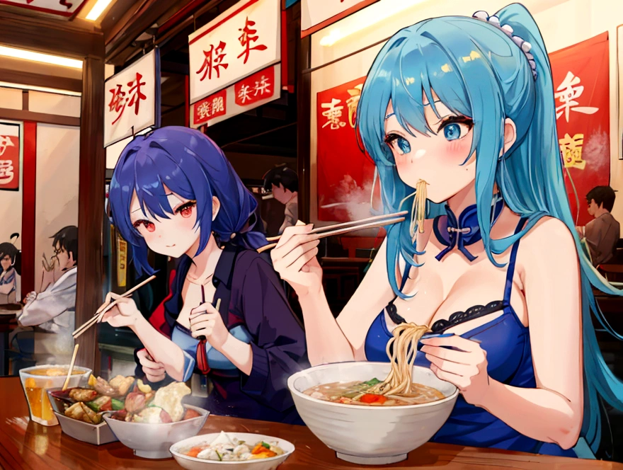 Un étudiant mignon en sous-vêtements et un professeur plus âgé mangent de la nourriture chinoise ensemble、grand et petit 、Un joli soutien-gorge bleu fin、Sous-vêtements bleus fins et mignons、Grande portion de ramen salés, Plat de riz frit et gyoza、Bière dans une chope、