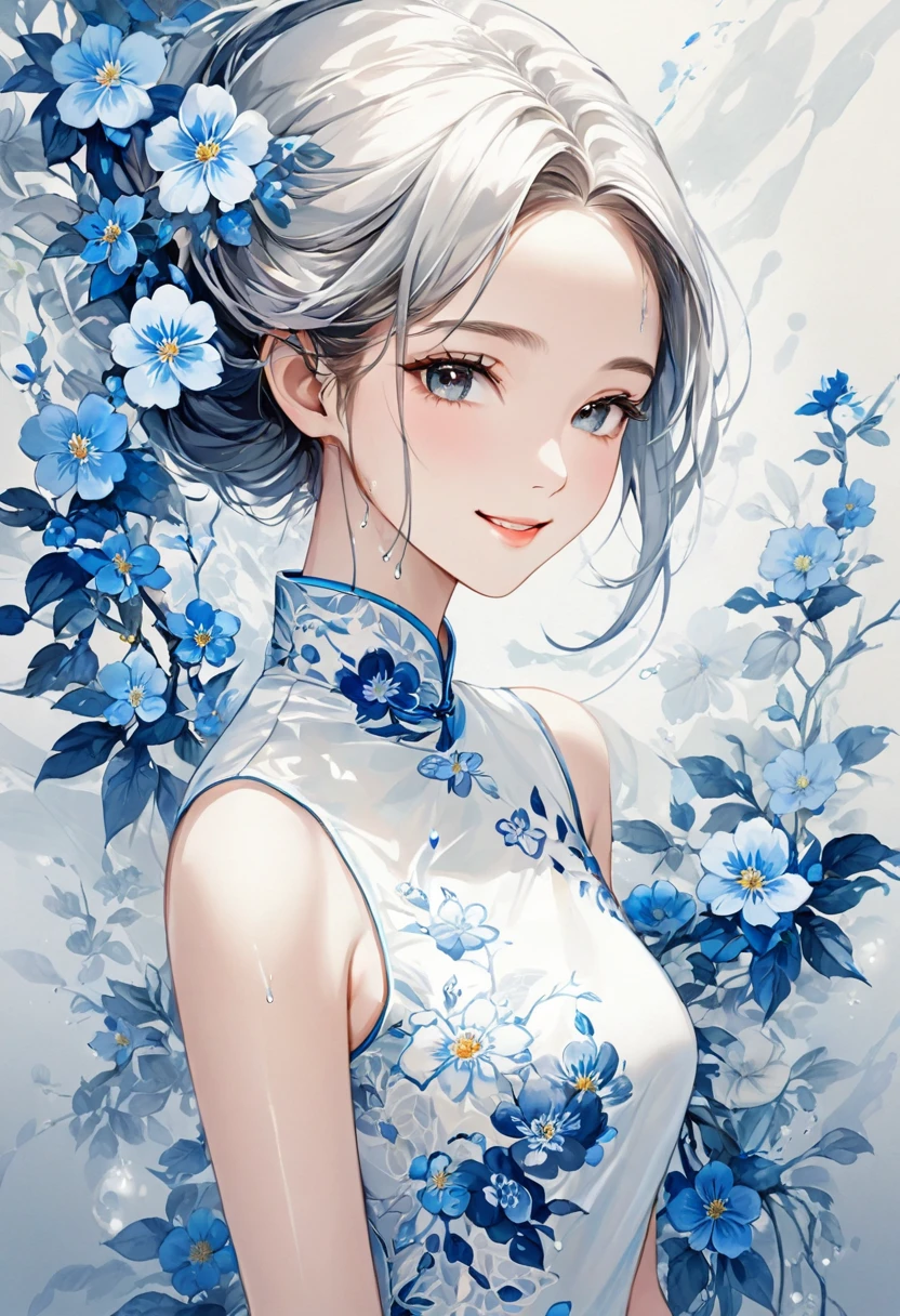 ( Estructura anatómica perfecta )   La hermosa niña que lleva un cheongsam largo de seda blanca y flores bordadas en azul tiene un rostro hermoso y una sonrisa amable.. La concepción artística de la ilustración de arte digital es una simple y abstracta canasta de luz goteando tinta.. Las proporciones de la figura son delicadas y realistas.. Pintura al óleo de arte estilo digital.