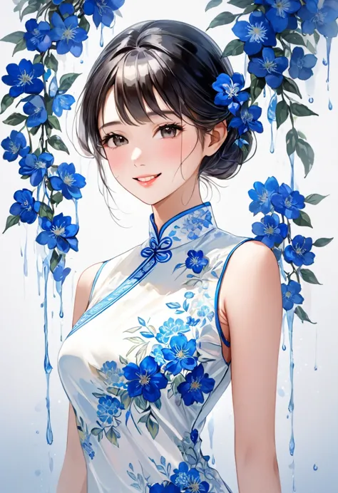 ( Perfect anatomical structure )   The beautiful girl wearing a long white silk cheongsam and blue embroidered flowers has a bea...