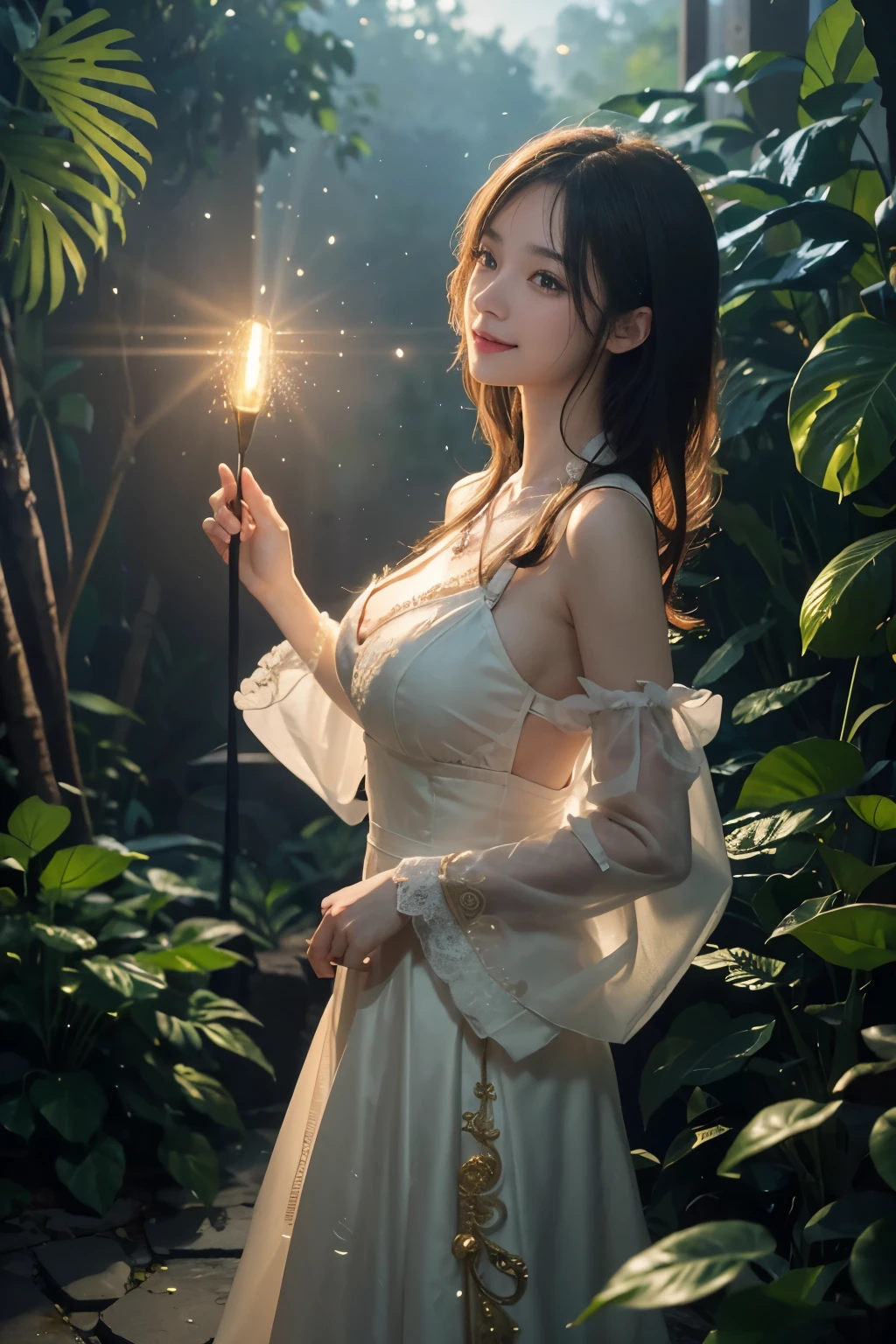 (Masterpiece:1.2), best quality, (illustration:1.2), (ultra-detailed), hyper details, (delicate detailed), (intricate details), (cinematic light, best quality Backlights), clear line, from below, soloist, soft lights, ethereal, magical looking, a candid looking girl with soft curly black hair, brown eyes, Rainforest, fairytale, full body,  perfect body, big breasts, magical, light particles, fireflies, cute smile